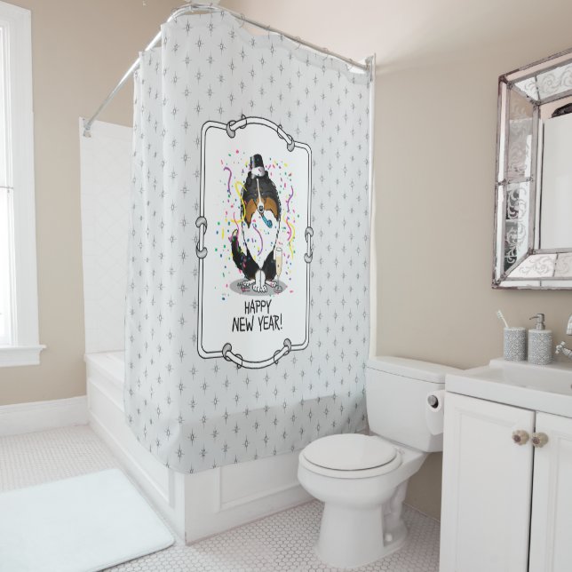 Happy New Year Shetland Sheepdog (tri colour) Cute Shower Curtain (In Situ)