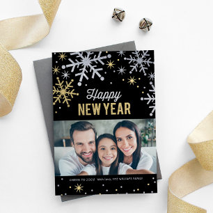 Happy New Year Silver and Gold Sparkle Photo Holiday Card