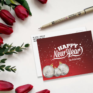 Happy New Year   Silver Baubles   Red Postcard