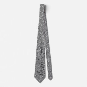 Happy New Year Silver Glitter Black Script Mens Tie