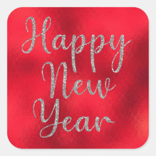 Happy New Year Silver Glitter on Red Metallic Square Sticker