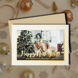 Happy New Year Silver Pinstripe Foil Holiday Card