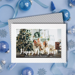 Happy New Year Silver Pinstripe Foil Holiday Card