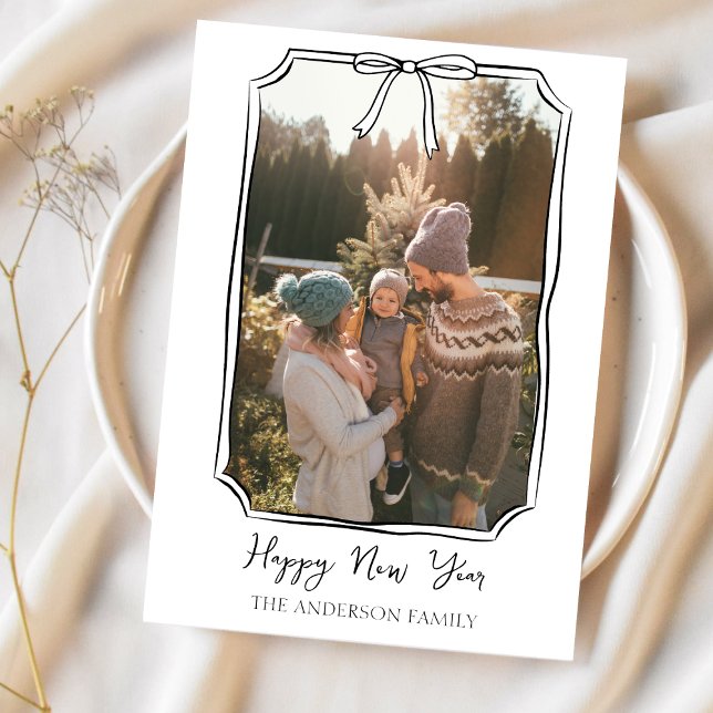 Happy New Year Simple Black and White Family Photo Holiday Card (Creator Uploaded)