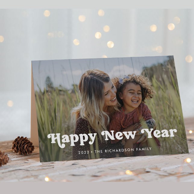 Happy New Year | Simple Boho Photo Overlay Holiday Card (A trendy and boho happy new year card with photo)