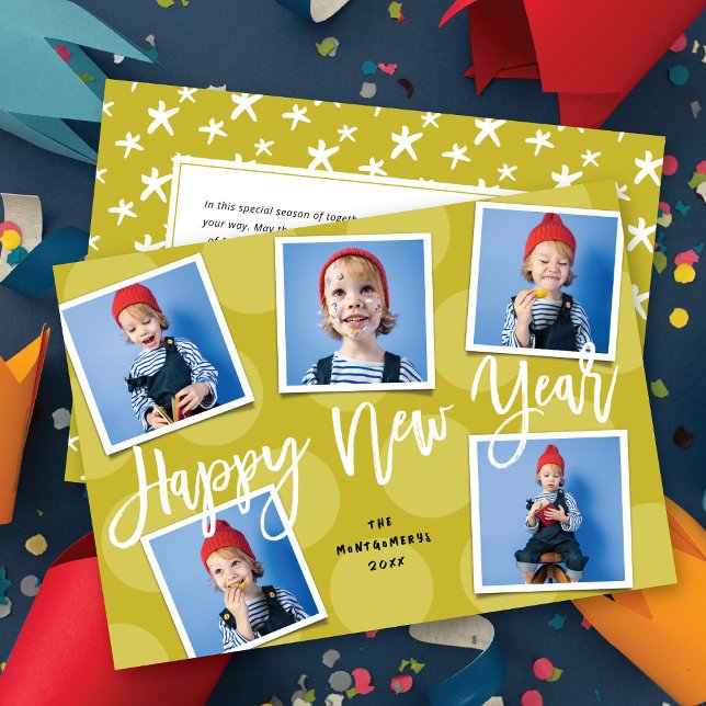 Happy New Year Simple Brush Script 5 Photo Modern Holiday Card (Creator Uploaded)