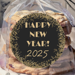 Happy New Year Simple Elegant Black and Gold Classic Round Sticker