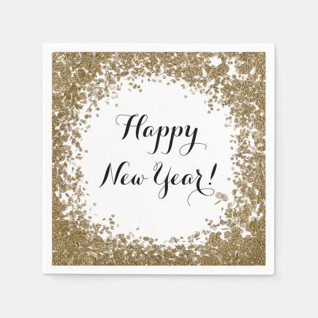 Happy New Year Simple Gold and White Confetti Napkin (Front)