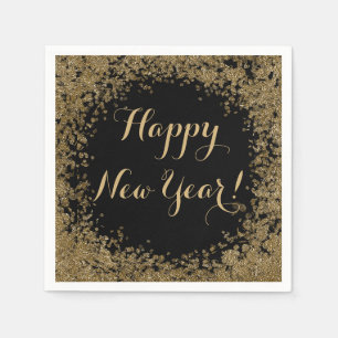 Happy New Year Simple Gold Confetti and Black  Napkin