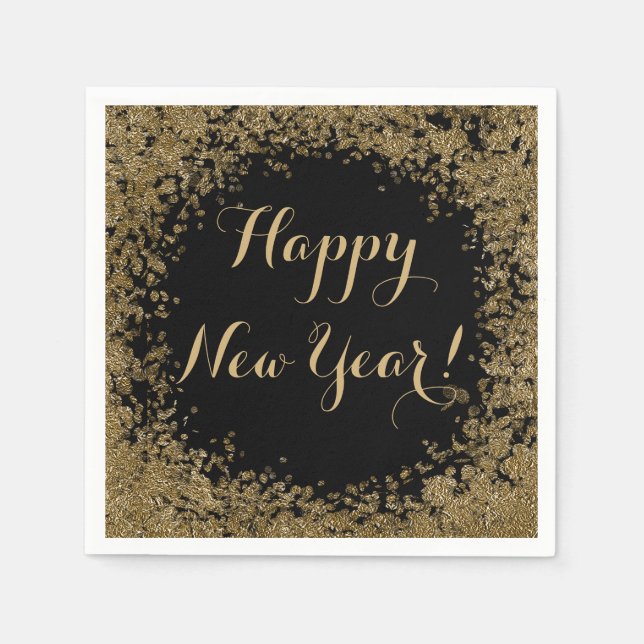 Happy New Year Simple Gold Confetti and Black  Napkin (Front)