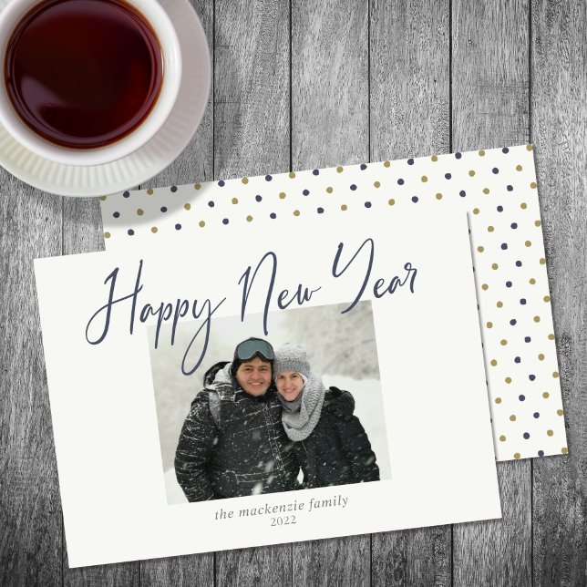 Happy New Year Simple Photo Navy Sage Holiday Card (Creator Uploaded)