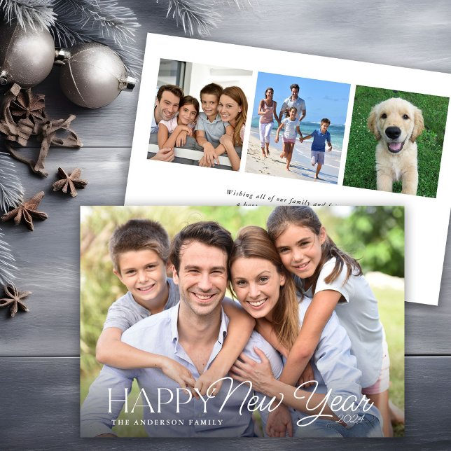 Happy New Year Simple Script 4 Photo Holiday Card (Creator Uploaded)