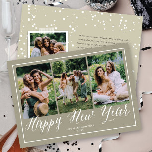 Happy New Year Simple Script Calligraphy 3 Photo Holiday Card