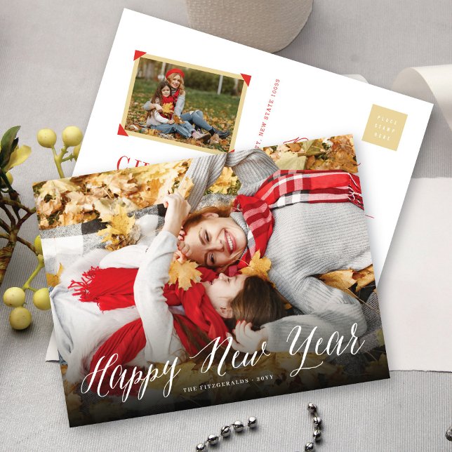 Happy New Year Simple Script Modern Minimal Photo Holiday Postcard (Creator Uploaded)