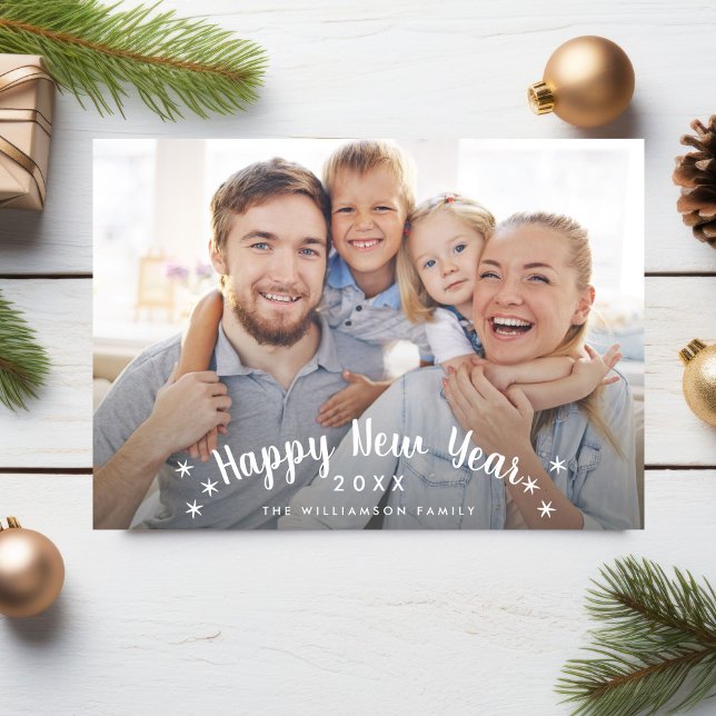 Happy New Year Simple Stars Custom Family Photo Holiday Card (Creator Uploaded)