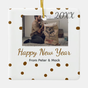 Happy new year Single father add photo name brown Ceramic Ornament