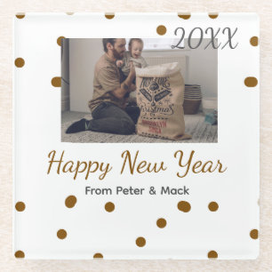 Happy new year Single father add photo name brown Glass Coaster