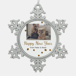 Happy new year Single father add photo name brown Snowflake Pewter Christmas Ornament
