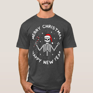 Happy New Year Skeleton Skull Hat Santa Candy Cane T-Shirt