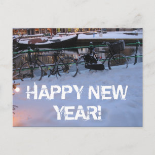 Happy New Year Snow Bicycles Postcard