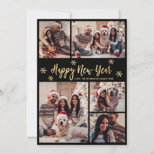 Happy New Year Snowflake Black Gold Photo Collage  Holiday Card