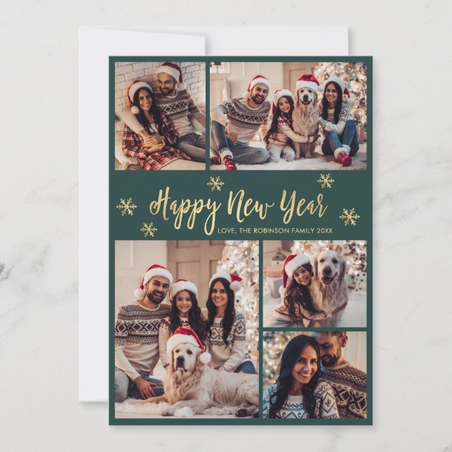 Happy New Year Snowflake Green Gold Photo Collage Holiday Card (Front)