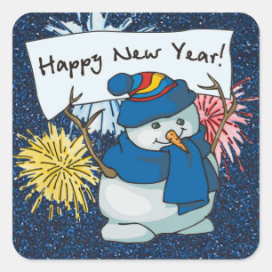 happy new year snowman square sticker