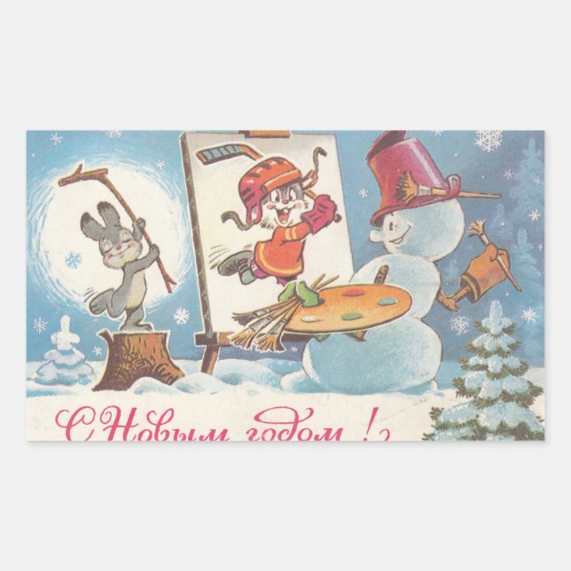 Happy New Year soviet post card with hares artist Rectangular Sticker (Front)