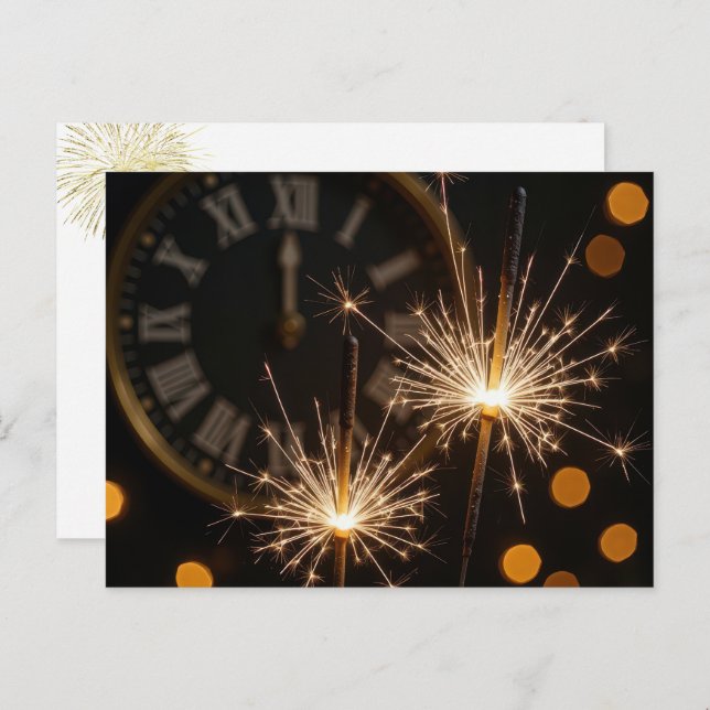 Happy New Year Sparklers On a Midnight Clock Postcard (Front/Back)