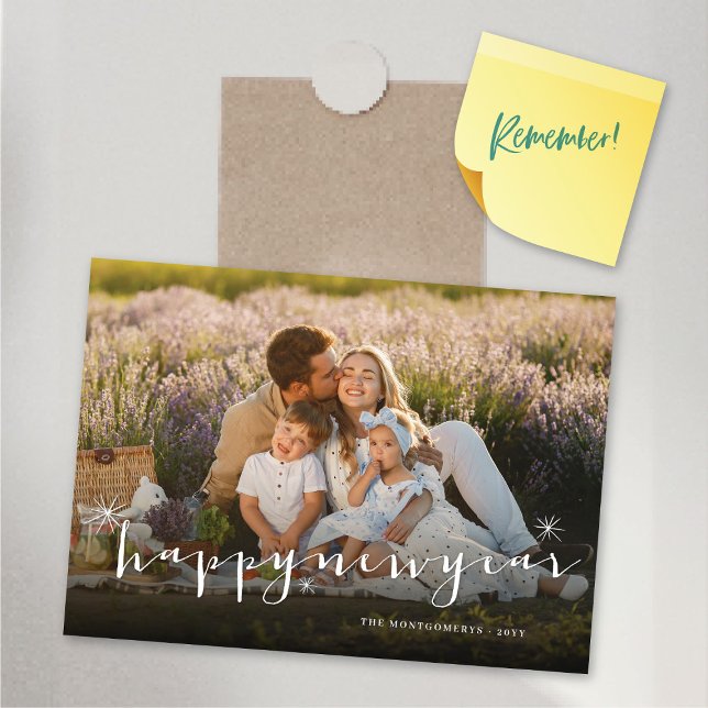 Happy New Year Starbursts Photo Magnetic Card (Happy New Year Classic Script Starbursts Photo Magnetic Card @ fat_fa_tin)