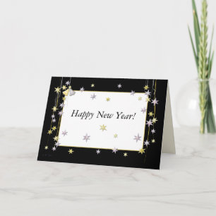 Happy New Year Stars and Bells Black and White Holiday Card