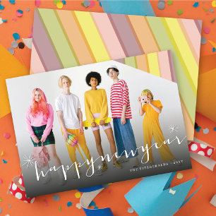 Happy New Year Stars And Colourful Stripes Photo Holiday Card