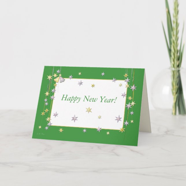 Happy New Year Stars Green Holiday Card (Front)