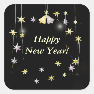 Happy New Year Stars on Black Square Sticker