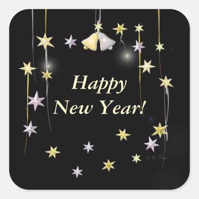 Happy New Year Stars on Black Square Sticker (Front)