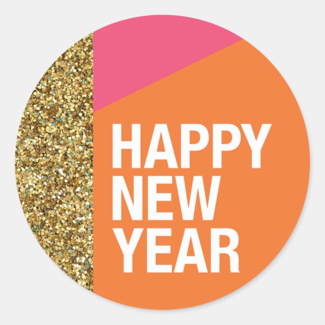 Happy New Year Sticker, Gold Glitter, Colour Block Classic Round Sticker (Front)