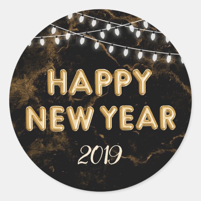 Happy New Year String Lights Gold Balloons Black Classic Round Sticker (Front)