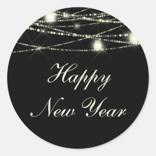 Happy New Year String Lights Jars Black Classic Round Sticker