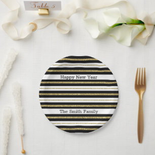 Happy New Year Stripes Paper Plate