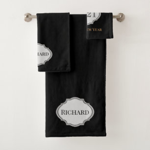 "Happy New Year" stylish black gold personalised Bath Towel Set
