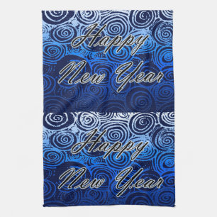 Happy New Year Swirls Blue Tea Towel