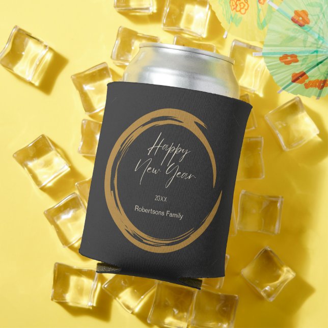 Happy New Year text gold stain ring dark grey Can Cooler (In Situ Summer)