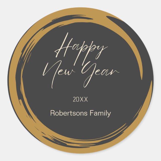 Happy New Year text gold stain ring dark grey Classic Round Sticker (Front)