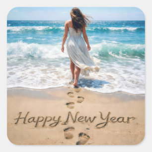 Happy New Year Text with Beachwalker Square Sticker