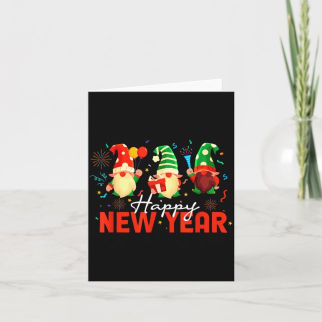 Happy New Year Three Gnomes Fireworks Confetti Nye Card (Front)