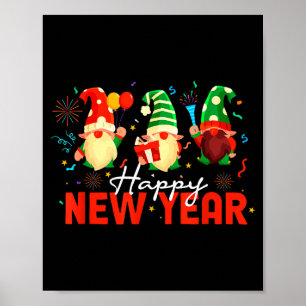 Happy New Year Three Gnomes Fireworks Confetti Nye Poster
