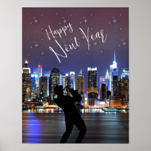 Happy New Year Trumpet Man City Scape Poster