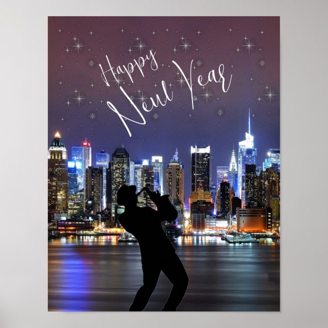Happy New Year Trumpet Man City Scape Poster (Front)