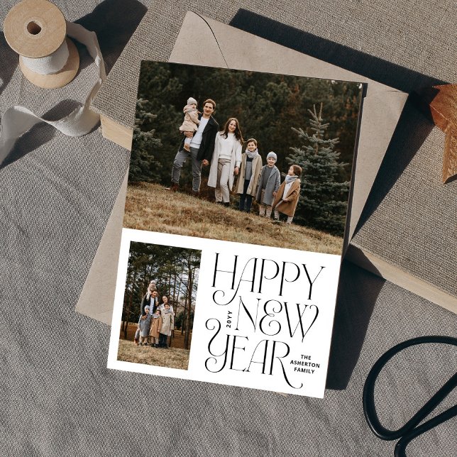 Happy new year two photo simple elegant holiday card (Creator Uploaded)