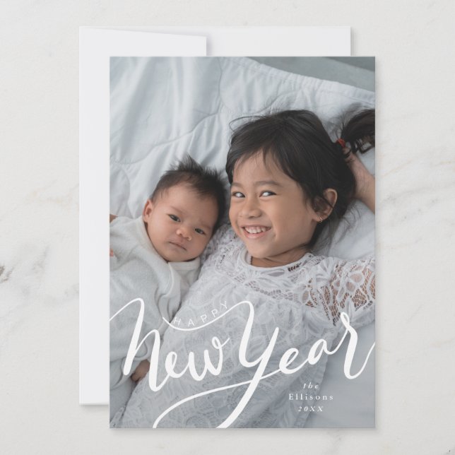 Happy New Year Typography Script Photo Holiday Card (Front)